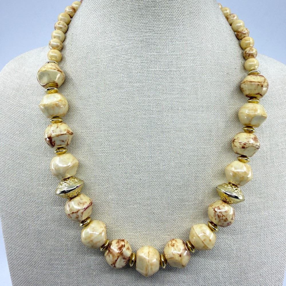 Cream and Brown Marbled Bead Statement Necklace Gold Tone Accents Elegant Gift